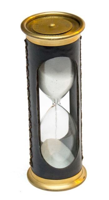 klepsydra mosiężno-skórzana z zegarkiem 3min., wys.15cm