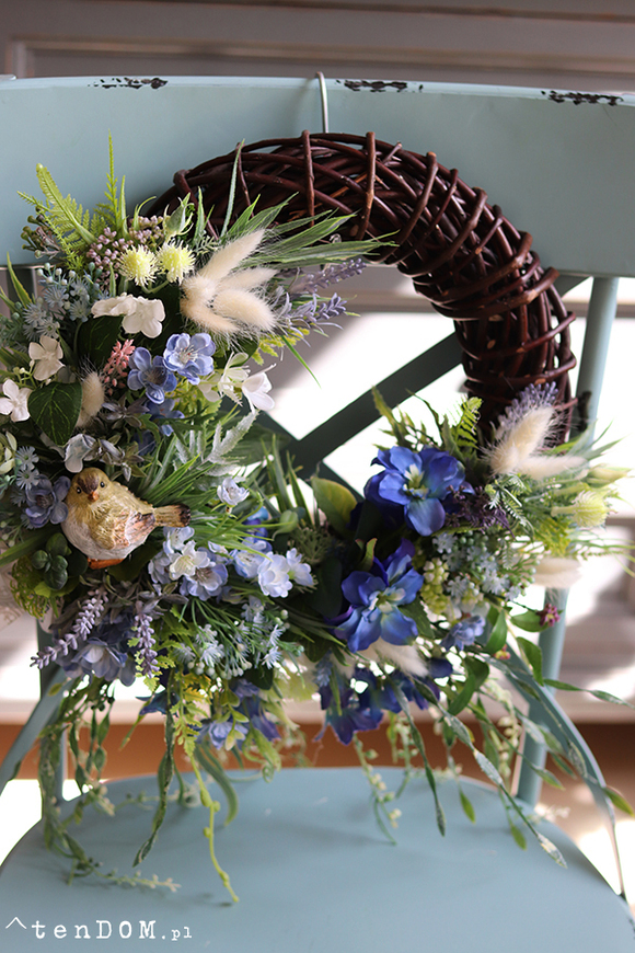 dekoracyjny wianek z ptaszkiem, Niebieska Łuna, śr.40cm