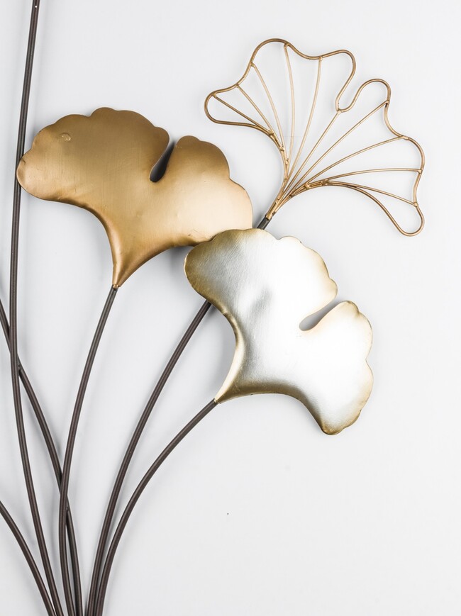 Ginko Glamour A, złoty decor ścienny z miłorzębem, wym.77x38x2cm