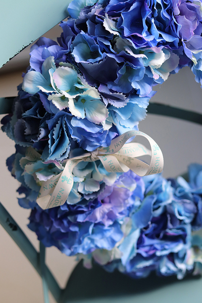 Blue Fellena, bogaty wianek z hortensji, śr.41cm