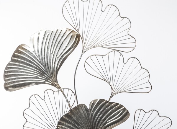 Ginko Glamour B, srebrny decor ścienny z miłorzębem, wym.130x70x4cm