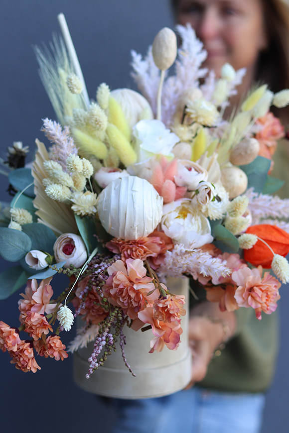 Ruggia, flowerbox welurowy z suszem, wys.32cm