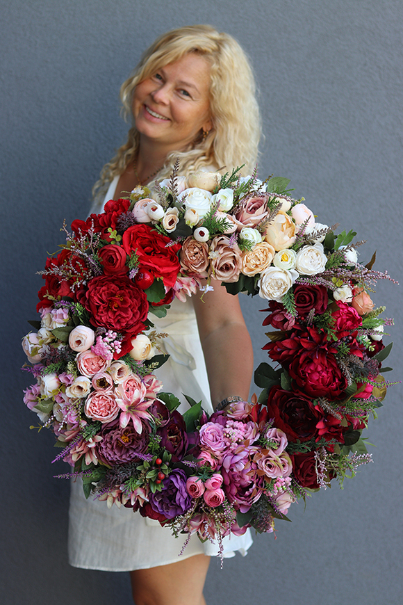 Bella Jesienna Bordo, kwiatowy wianek na drzwi, śr.52cm  