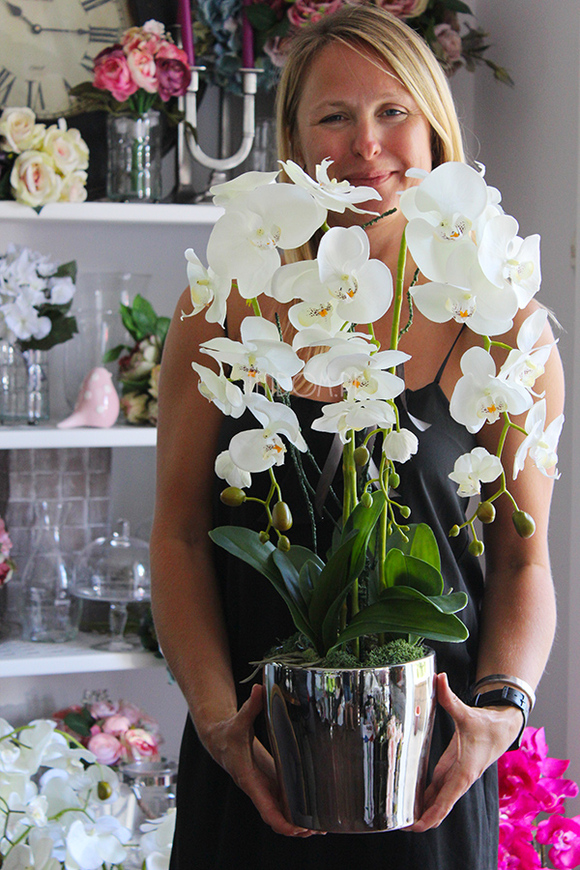 elegancki storczyk w srebrnej donicy Tacola, wys.67cm