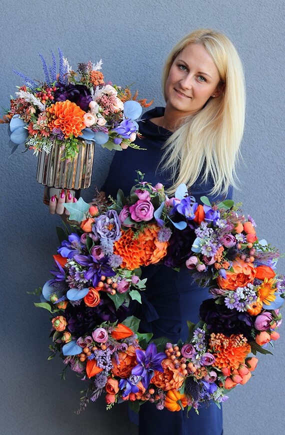 atrakcyjny kwiatowy wianek, Jesienna Harmonia, śr.57cm 