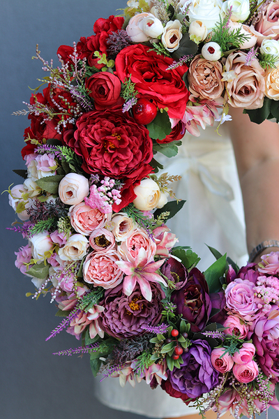 Bella Jesienna Bordo, kwiatowy wianek na drzwi, śr.52cm  