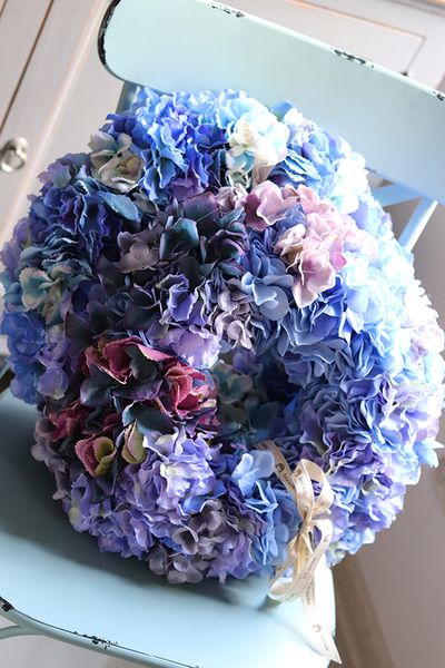 Blue Motion, bogaty wianek z hortensji, śr.39cm