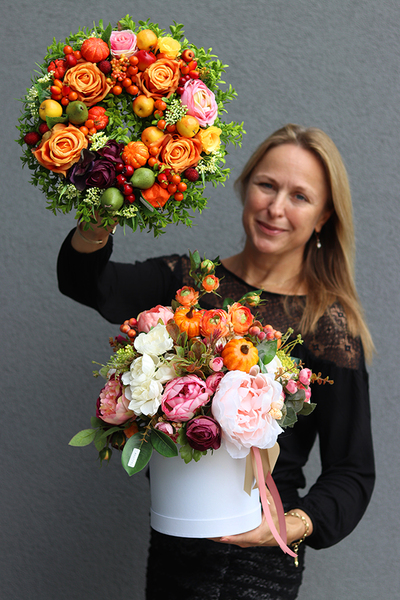 Autumn Pumpkin, flowerbox jesienny z dyniami, wys.38cm