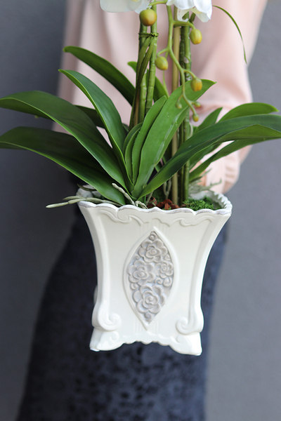 Karolina, sztuczny storczyk w zdobionej kwadratowej donicy, wys.55cm