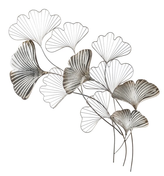 Ginko Glamour B, srebrny decor ścienny z miłorzębem, wym.130x70x4cm