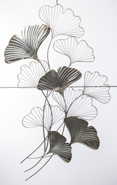 Ginko Glamour B, srebrny decor ścienny z miłorzębem, wym.130x70x4cm