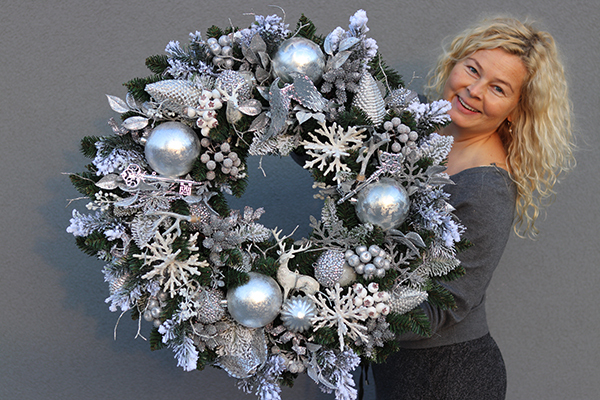 duży bożonarodzeniowy wieniec, Srebrzysta Zima, śr.69cm 