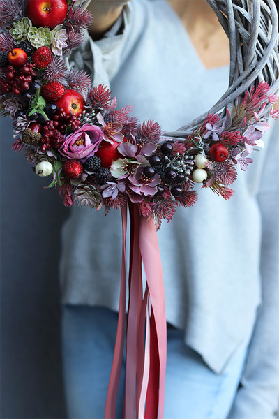 Apple Autumn, asymetryczny wianek jesienny z wstęgami, śr.36cm  