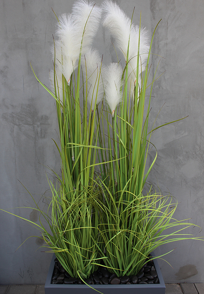 Amaro, kompozycja w szarej donicy Fiberglass z trawami, wys.168cm
