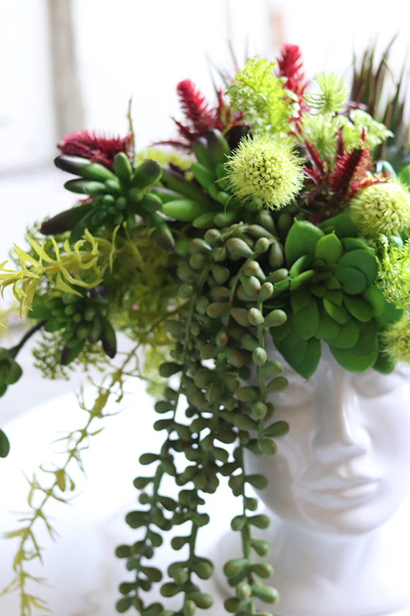 efektowna kompozycja sukulenty w głowie, Crazy Head White, wys.28cm