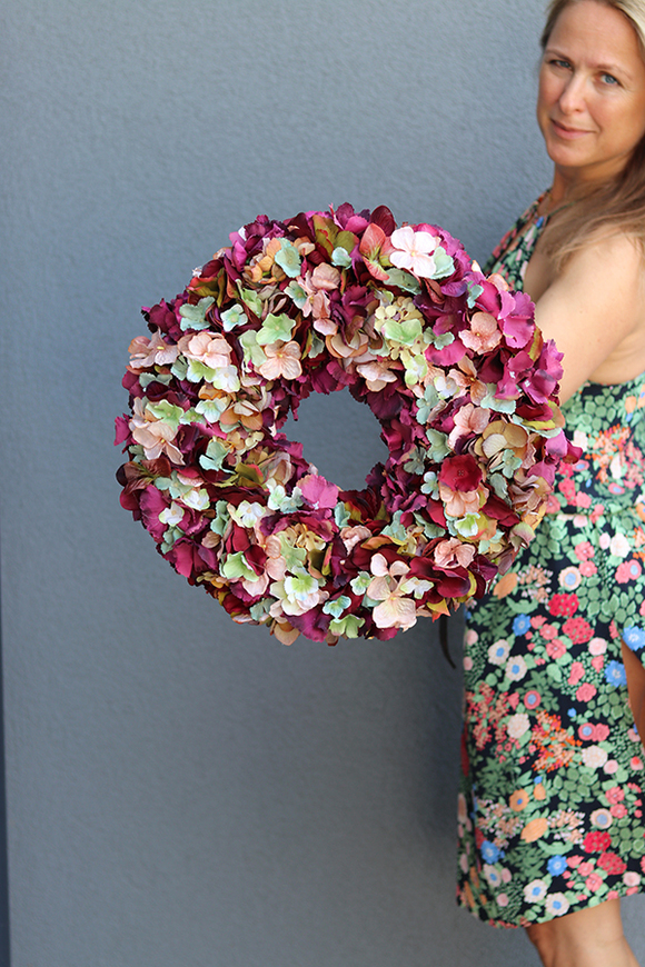 Jesienne Hortensje 3, barwny wianek na drzwi, śr.40cm 