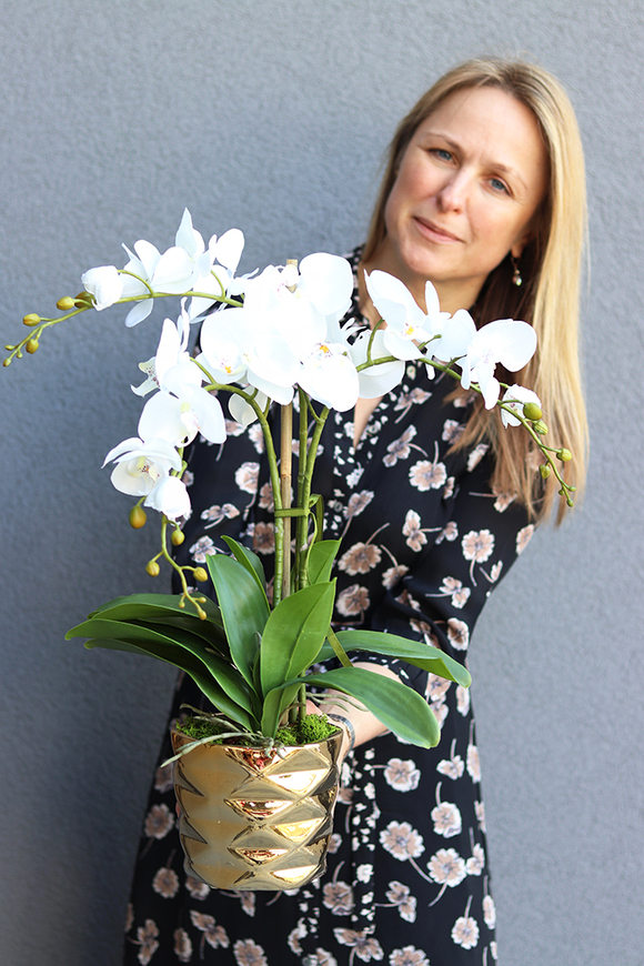 Tellonea, sztuczny storczyk w złotej donicy, wys.57cm