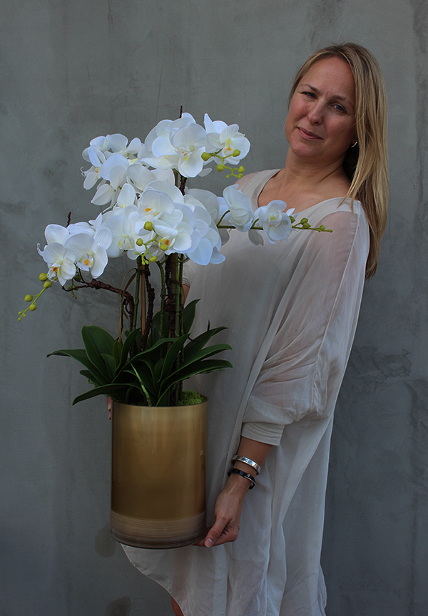 gumowy Gold House, storczyk w szklanym naczyniu wys.72cm