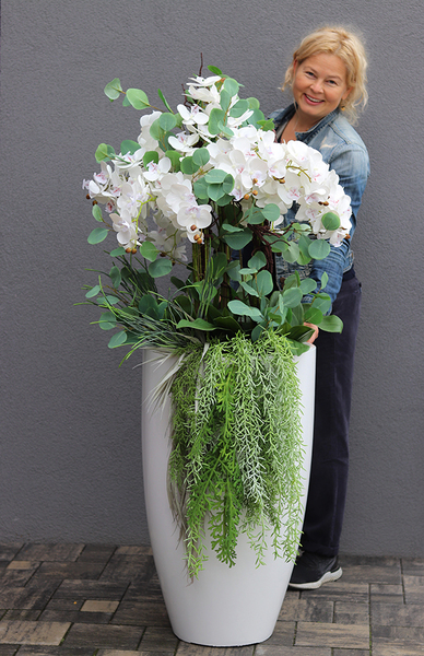 Fiberglass Grande Eucalipto, efektowny storczyk w białej donicy z fiberglass, wys. 158cm