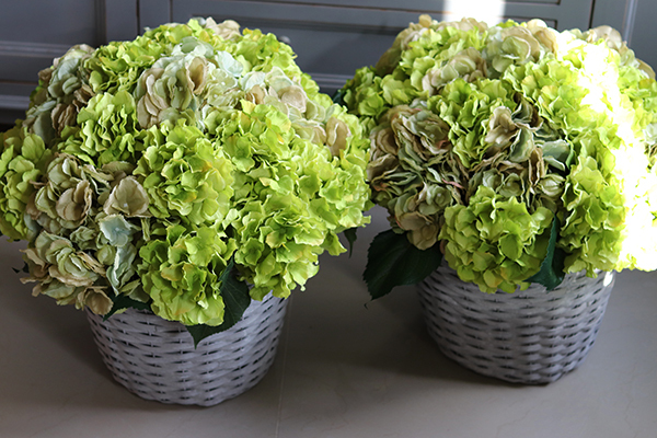 bogaty kosz z hortensjami, Provance Pistacio, wys.47cm  