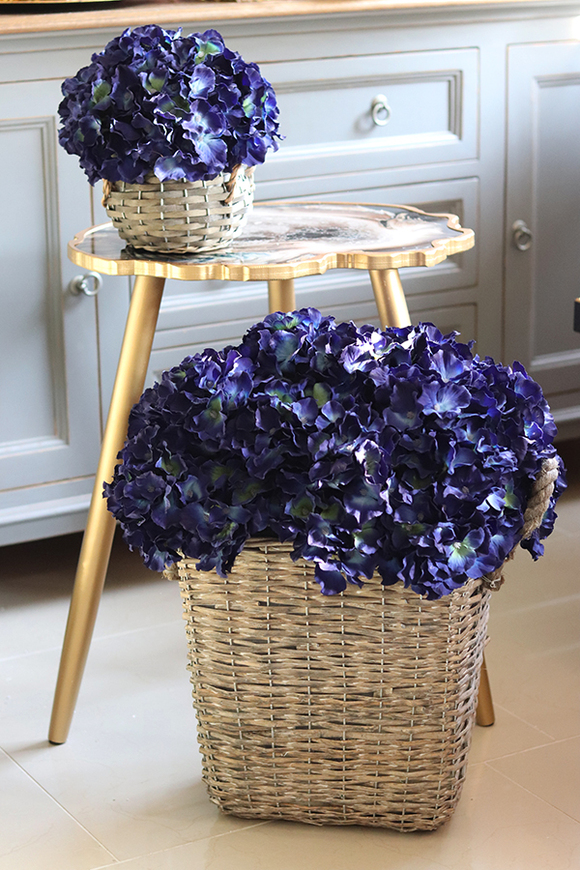 bogaty kosz z hortensjami, Granatowa Elegancja, mała, wys.25cm 