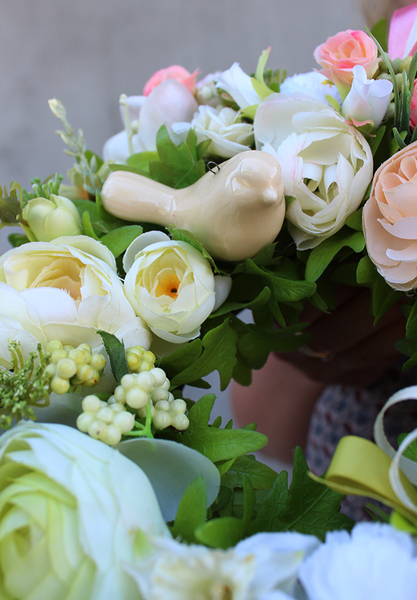 delikatny letni wianek z ceramicznym ptaszkiem, Klessi, śr.28cm