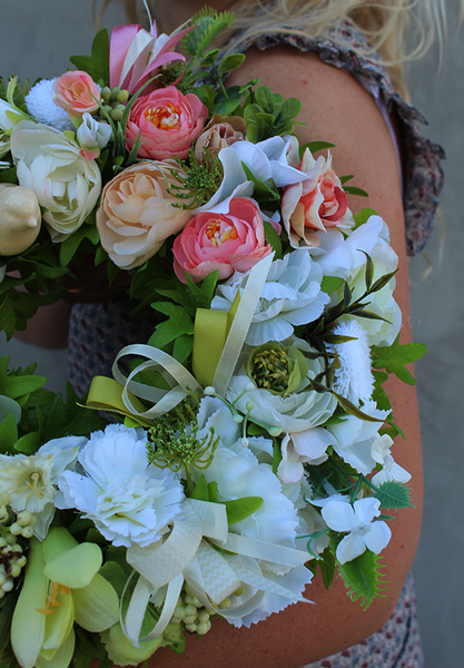 delikatny letni wianek z ceramicznym ptaszkiem, Klessi, śr.28cm