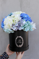 kompozycja kwiatowa / bukiet Flowerbox, Hortense Blue wys.37cm