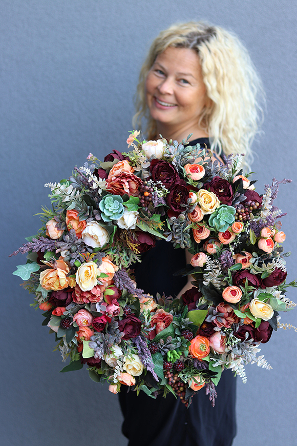 bogaty kwiatowy wianek, Jesienna Zorza, śr.45cm