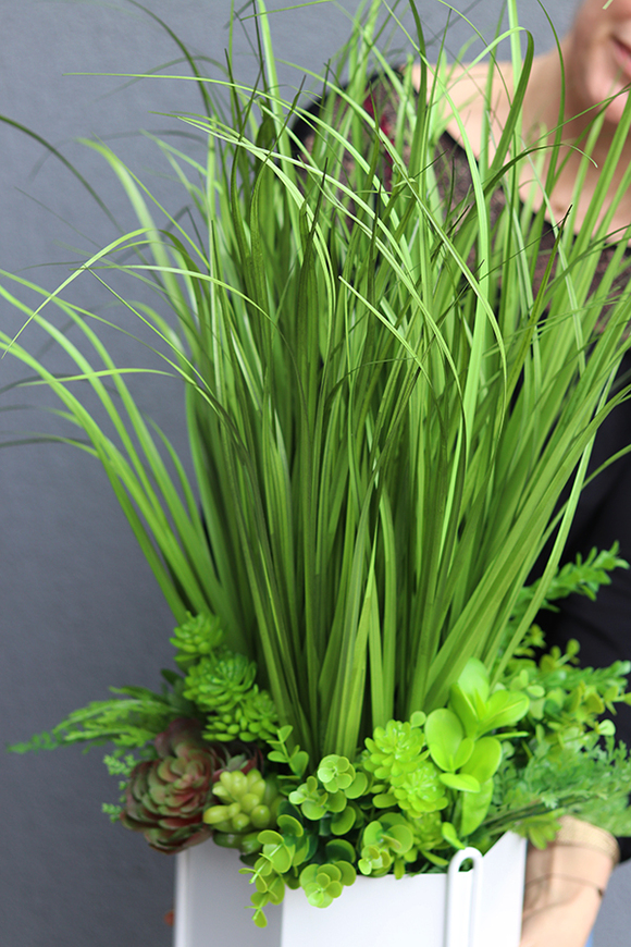 Canada, sztuczna trawa z sukulentami w kremowej donicy, wys.75cm