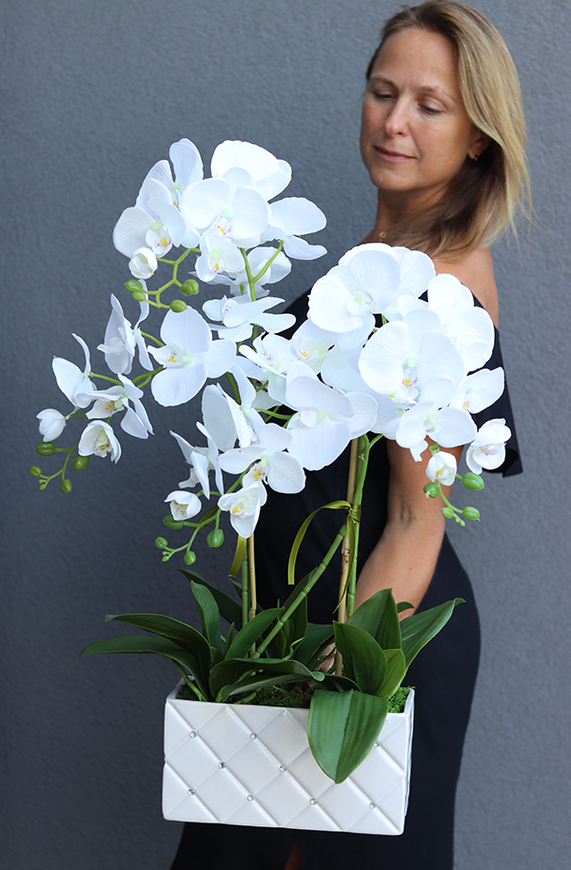 Glamour Rania Long, biały storczyk w donicy z kryształami, wys.76cm