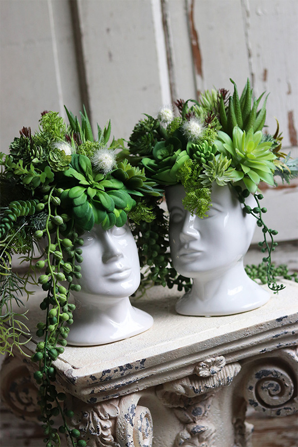 efektowna kompozycja sukulenty w głowie, Crazy Head White, wys.28cm