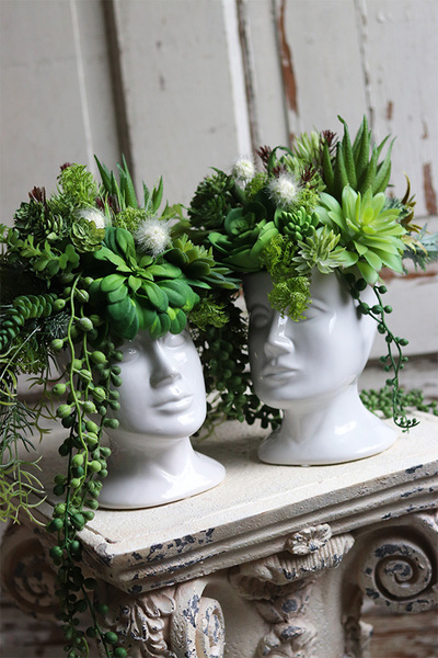 efektowna kompozycja sukulenty w głowie, Crazy Head White, wys.28cm