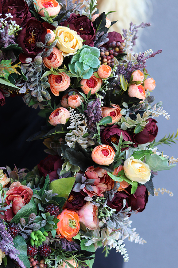 bogaty kwiatowy wianek, Jesienna Zorza, śr.45cm