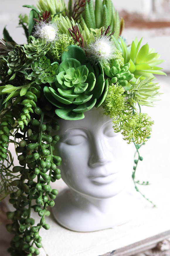 efektowna kompozycja sukulenty w głowie, Crazy Head White, wys.28cm