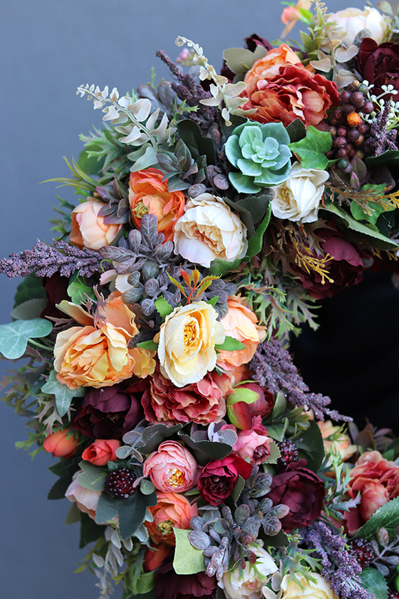 bogaty kwiatowy wianek, Jesienna Zorza, śr.45cm