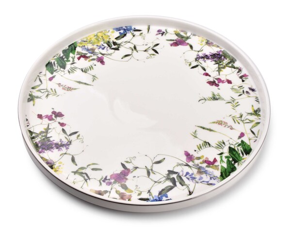 Novelty Garden, porcelanowy talerz ze wzorem i srebrnym rantem, śr.27cm