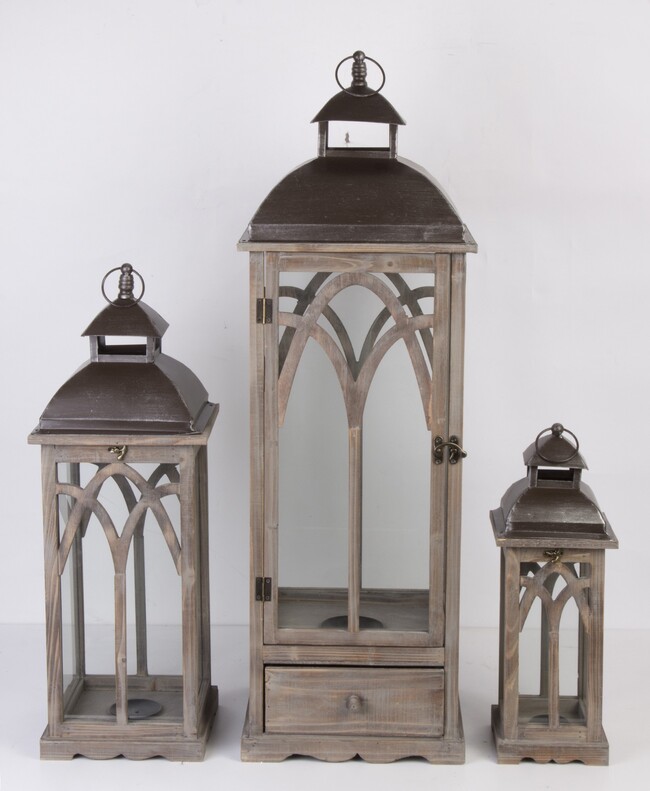 komplet dużych drewnianych lampionów, Dover, wys.98/68/47cm