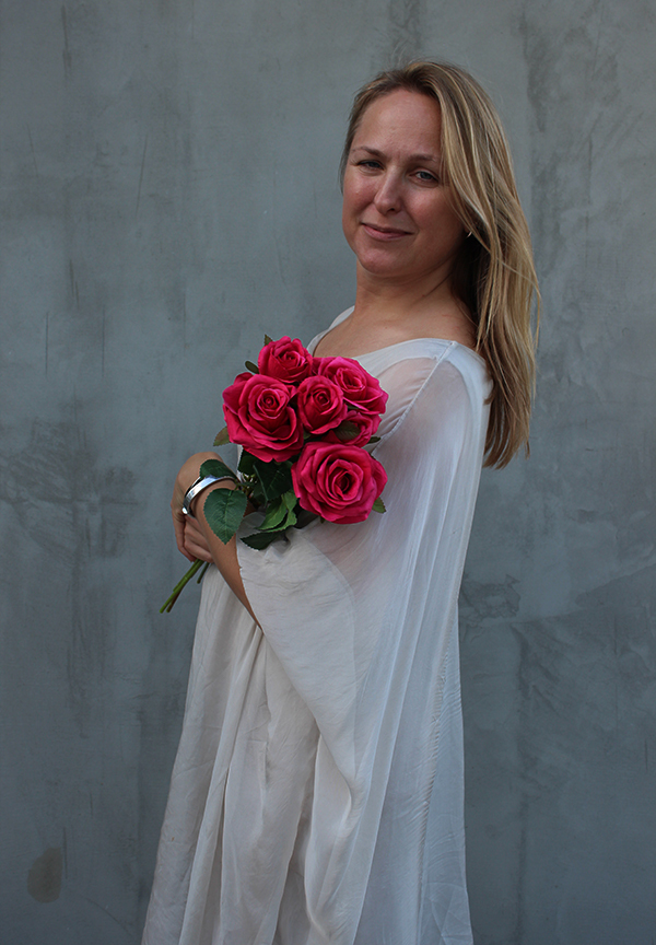 bukiet 6 ciemnoróżowych róż, duży, Rosana dł.60cm