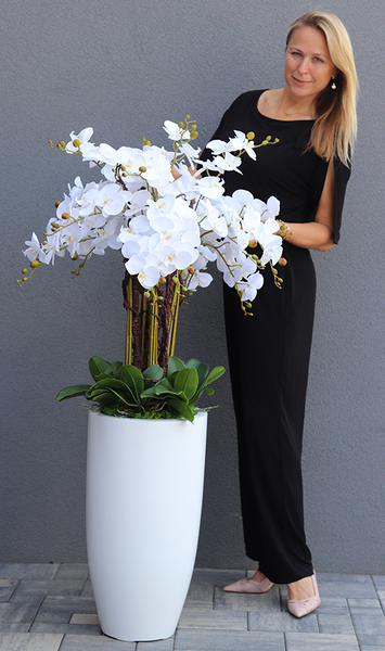Grande Fiberglass Extra Śnieżna Biel, efektowny storczyk w białej donicy z fiberglass (połysk), wys.150cm