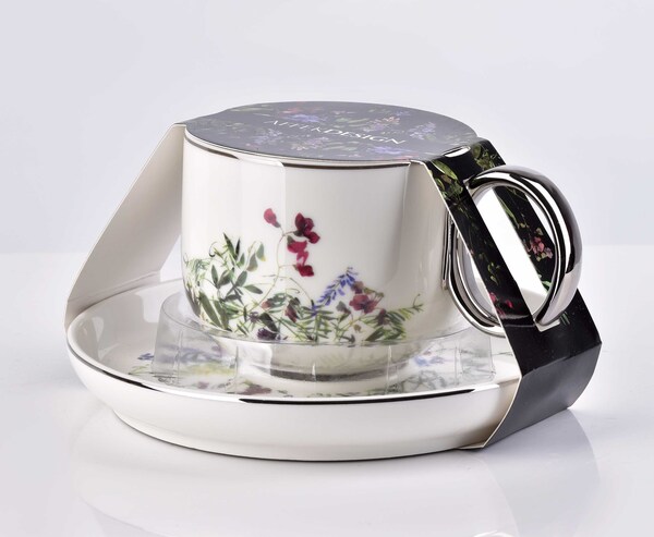 Novelty Garden, porcelanowa filiżanka ze wzorem i srebrnym rantem, poj.270ml