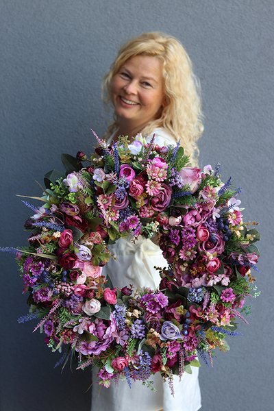 atrakcyjny kwiatowy wianek, Jesień we Wrzosach, śr.45cm 