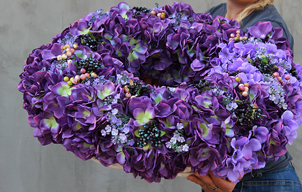 duży, elegancki wianek Fioletowa Hortensja Extra, śr.60cm 