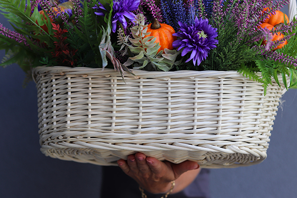 bogaty jesienny kosz z dyniami i wrzosem,Hestia, wys.42cm 