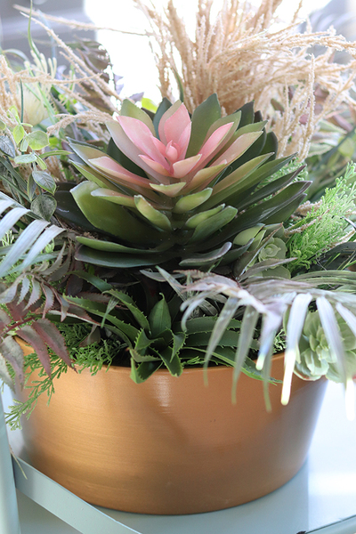 duża kompozycja Sukulenty Pinko Malaga w złotej ceramicznej misie, wys.35cm