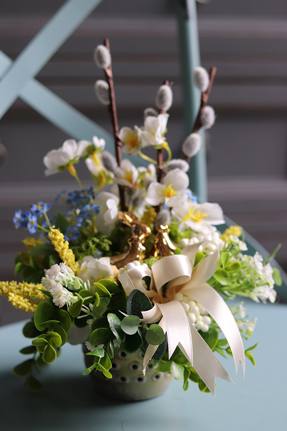 Geraya Gold, wielkanocny mini - stroik w złotym naczyniu, wys.27cm