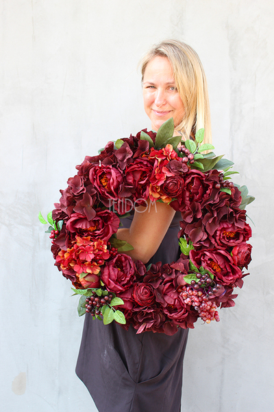 burgundowy, bardzo gęsty wianek Caryca Katarzyna, śr.50cm 