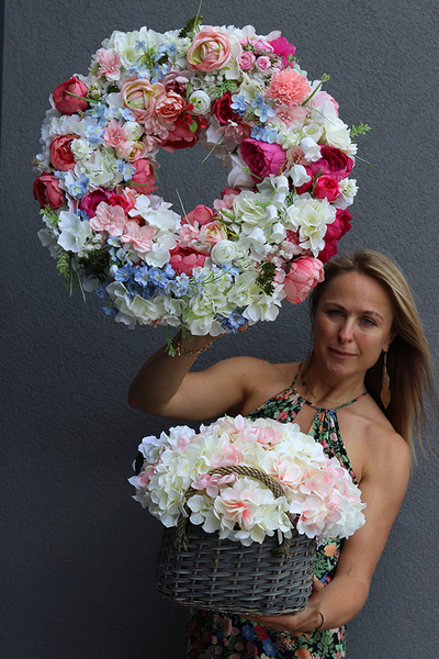 kosz z hortensjami Milena, wym.32x40x30cm