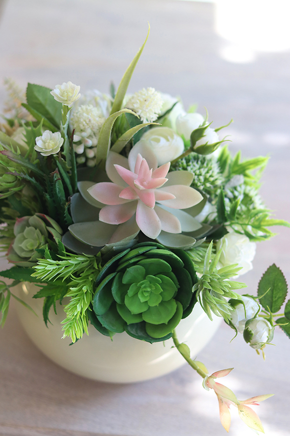 kompozycja sukulenty w okrągłej donicy, Trelisa, wym.29x35cm