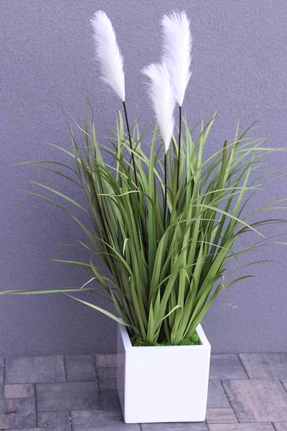 Fiberglass Grande Felina, sztuczna trawa z kłosami w kwadratowej donicy, wys.125cm